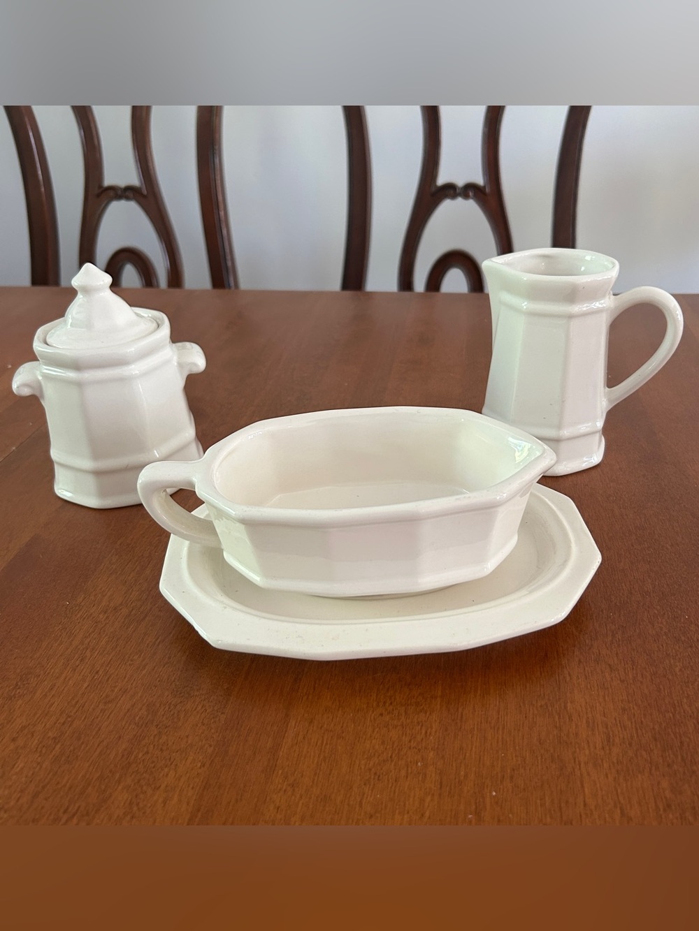 Pfaltzgraff Heritage White Ceramic Serving SET Creamer - Sugar Bowl & Gravy Boat